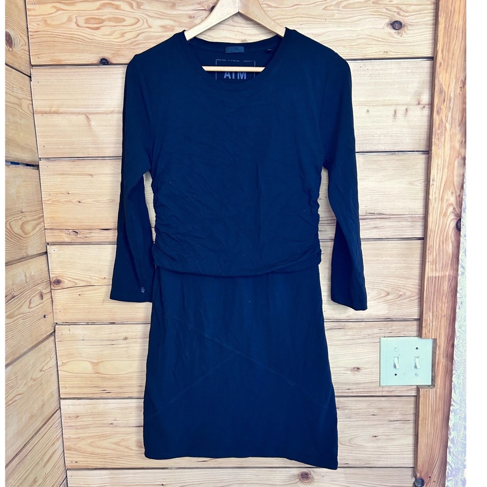 ATM Anthony Thomas Melillo Black‎ Pima Cotton Ruched Long Sleeve Mini Dress L/G